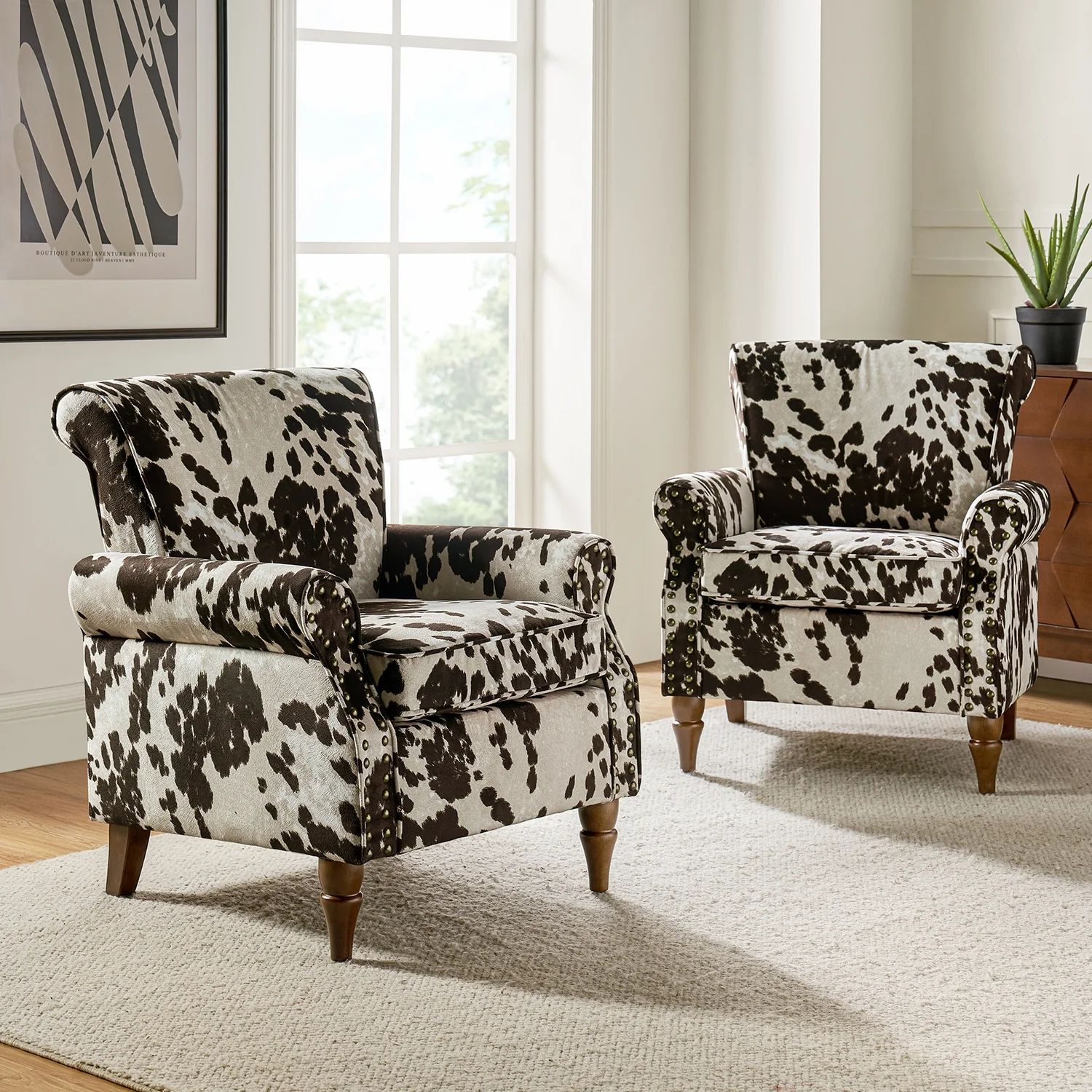 Upholstered Wingback Armchairs Set of 2 Home Cowhide Accent Chair Sofa Wood Legs Nailhead Trim Lo... | Walmart (US)