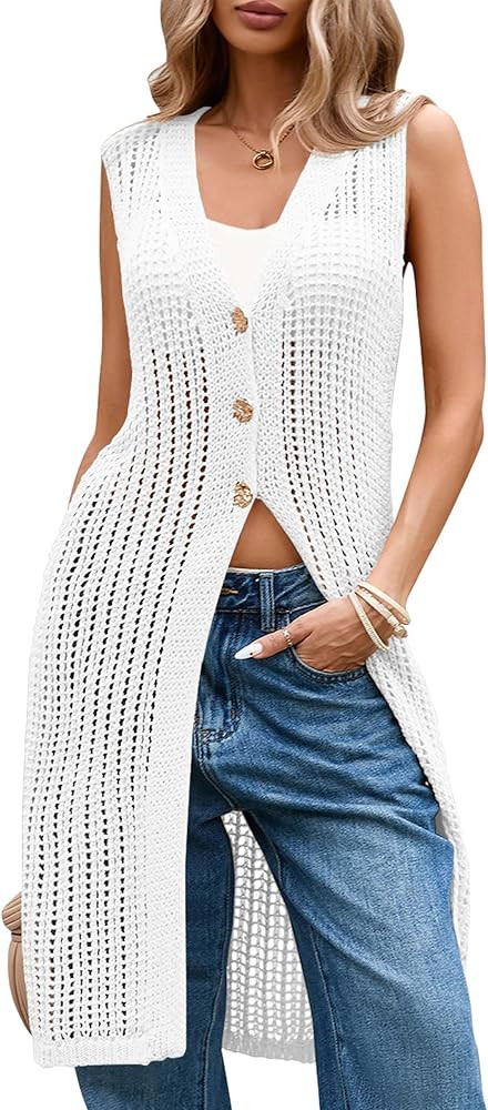 Cakulo Womens Sleeveless Crochet Cardigans Beach Cover Up 2025 Summer Long Knit Sweater Vest Tops | Amazon (US)