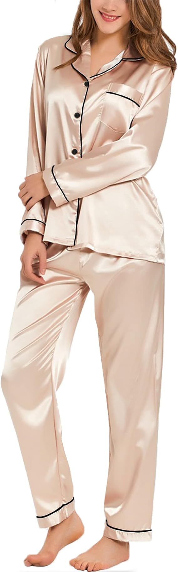 SWOMOG Womens Silk Satin Pajamas Loungewear Two-piece Sleepwear Button-Down Pj Set       Send to ... | Amazon (US)
