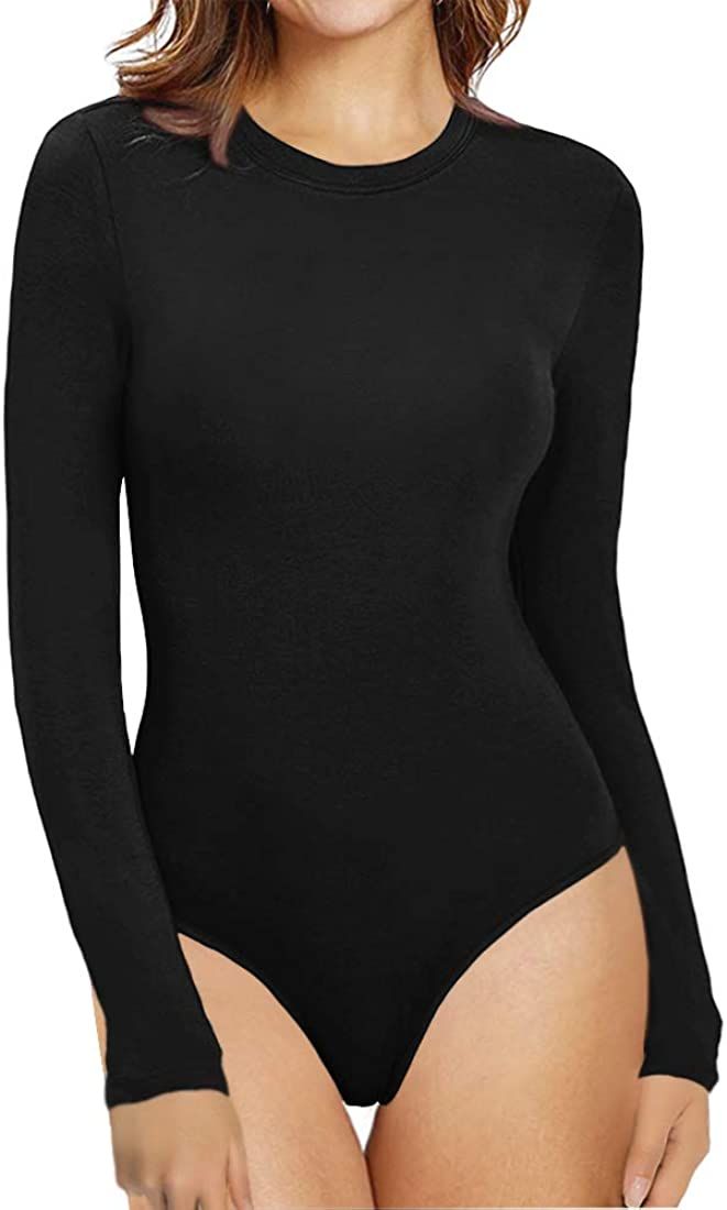 MANGOPOP Women's Crew Neck Short Sleeve Long Sleeve T Shirts Bodysuit Jumpsuit | Amazon (US)