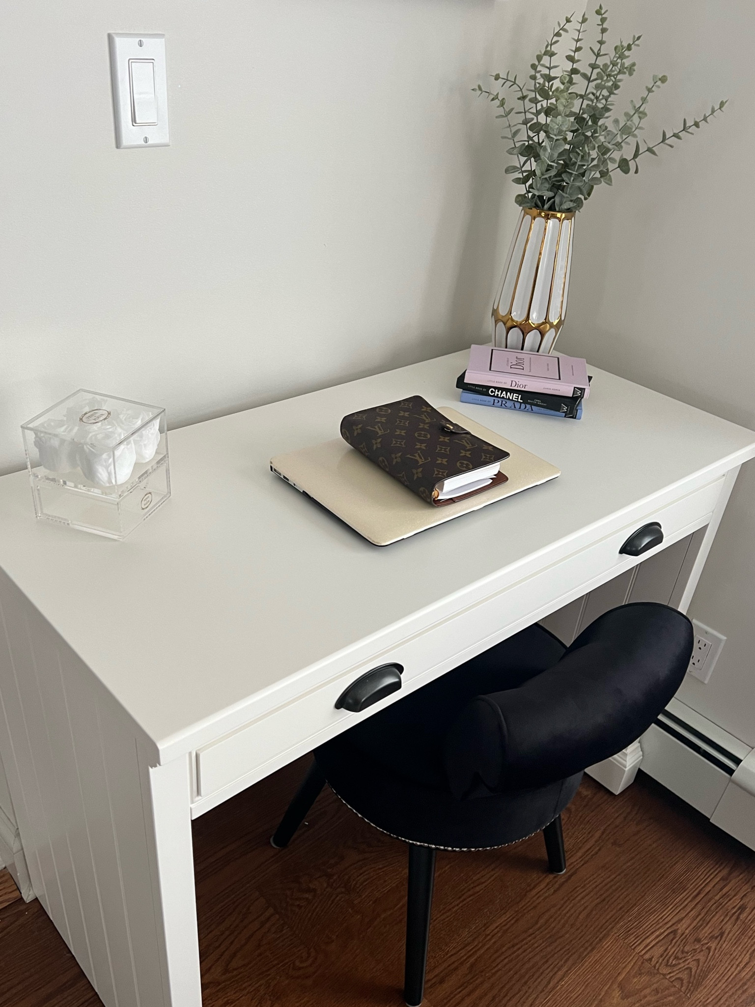 It’s not the “glam office” I once had but it works! The writing desk is perfect for what I need and my little chair is comfortable and small enough to tuck away. 
Great work from home space! 

#LTKHome