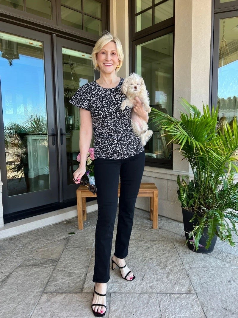 Black on black will always be one of my favorite combinations 🖤✨ This patterned shirt paired with classic black pants feels effortlessly polished, while the sandal heels add that feminine finishing touch.

Easy, chic, and one of those outfits that makes you feel instantly put together! 👡

#LTKOver40 #LTKSeasonal #LTKootd