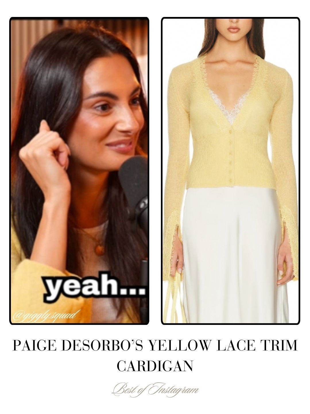 Paige DeSorbos’s Yellow Lace Trim Cardigan 📸 = @giggly.squad 