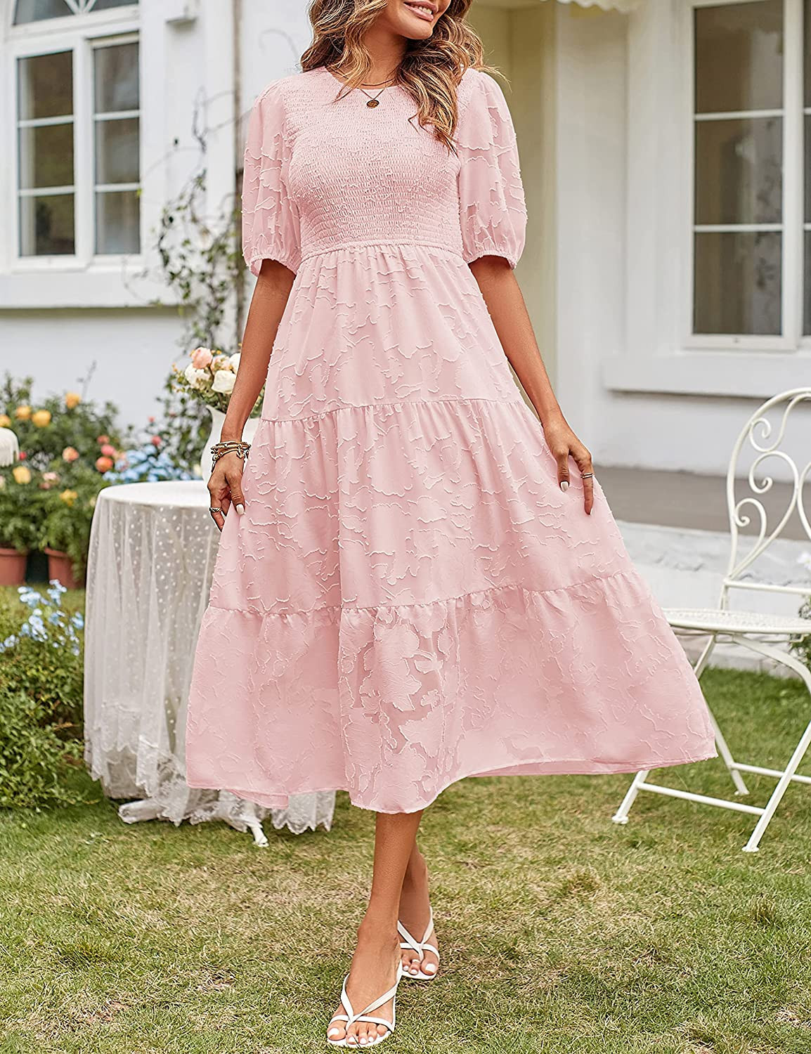 MEROKEETY Women's 2023 Summer Puff Sleeve Smocked Floral Dress Crewneck Lace Flowy Tiered Midi Dr... | Amazon (US)