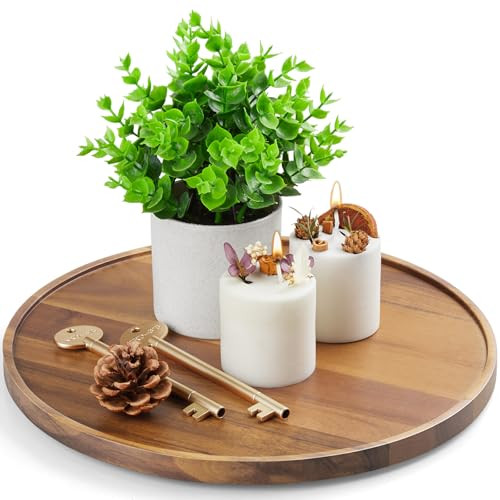 12 Inch Acacia Wood Round Tray, Wooden Decorative Serving Coffee Table Tray Centerpiece Candle Ho... | Amazon (US)