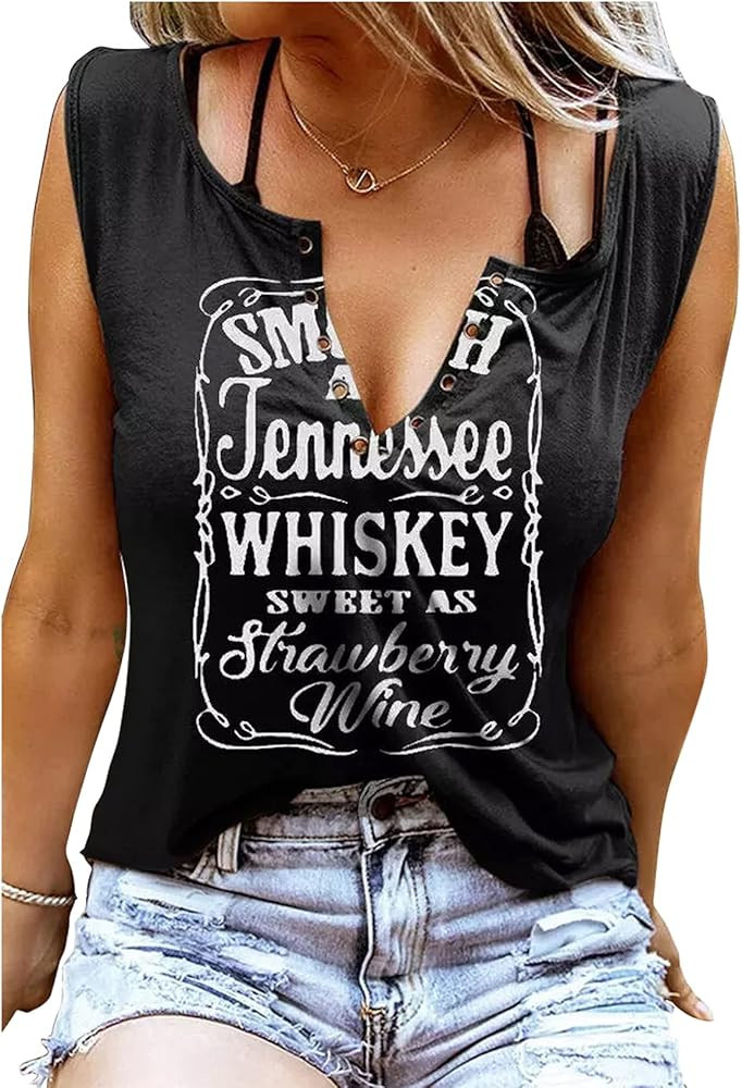 Smooth As Tennessee Whiskey Sweet As Strawberry Wine Shirt Ring Hole Sleeveless V-Neck Tank Top Wome | Amazon (US)