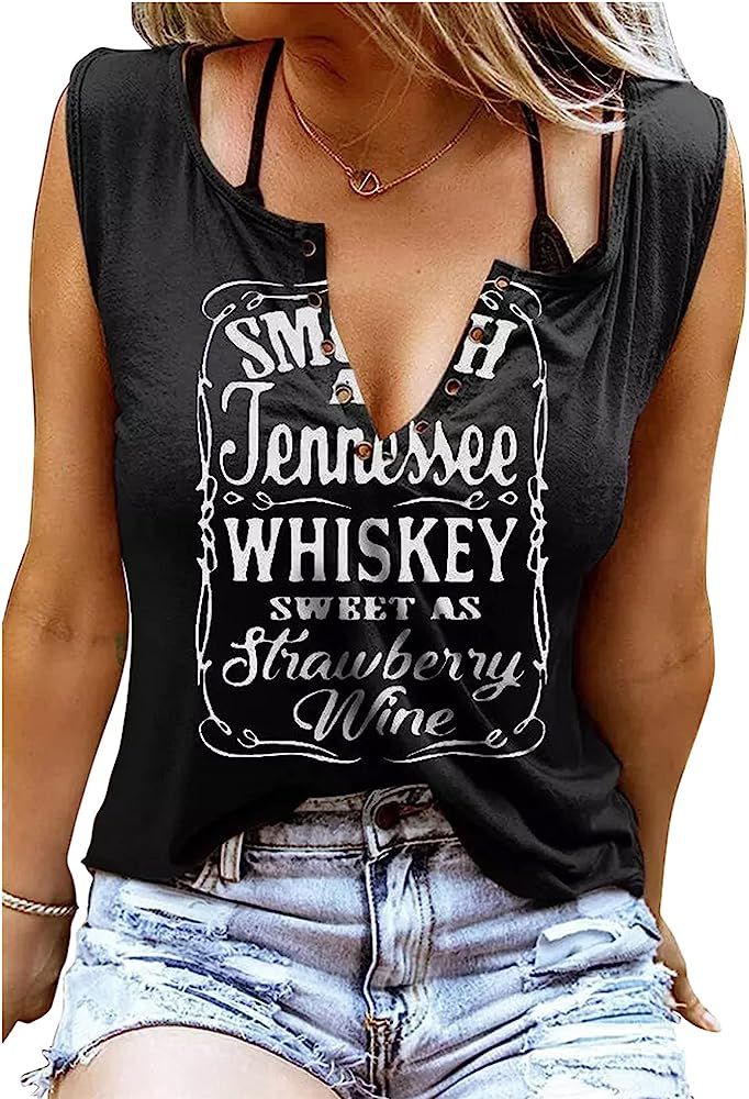 Smooth As Tennessee Whiskey Sweet As Strawberry Wine Shirt Ring Hole Sleeveless V-Neck Tank Top Wome | Amazon (US)