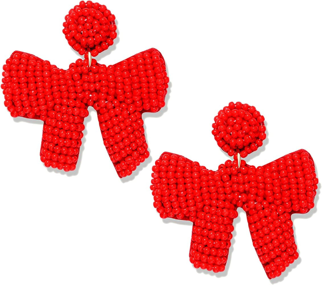 Christmas Earrings Beaded Xmas Bow Earring for Women Handmade Red Green Holiday Bow Drop Dangle E... | Amazon (US)