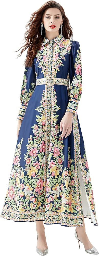 Women's Floral Print Belt Maxi Dress Flowy Casual Button Up Split Long Dress | Amazon (US)