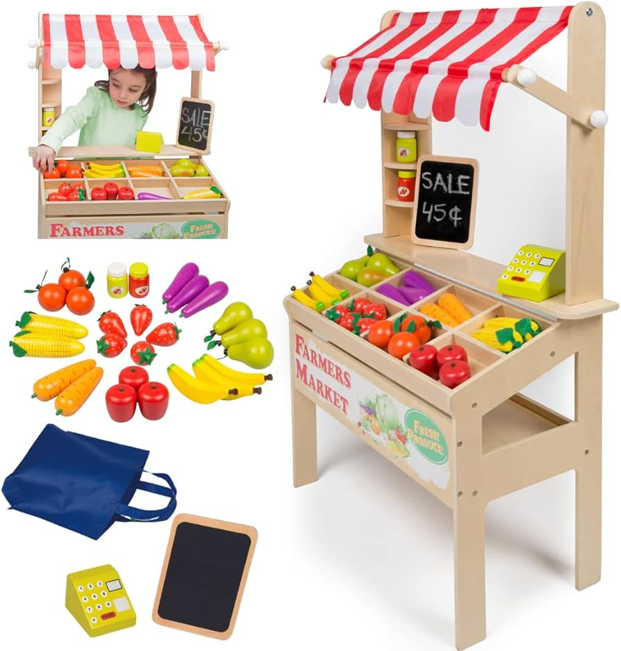 Wooden Farmers Market Stand - Toy Grocery Set for Pretend Role Play, 30+ Pieces- Includes Fruit V... | Amazon (US)