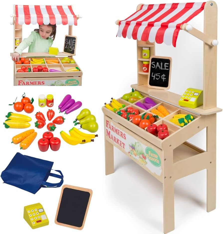 Wooden Farmers Market Stand - Toy Grocery Set for Pretend Role Play, 30+ Pieces- includes Fruit V... | Amazon (US)