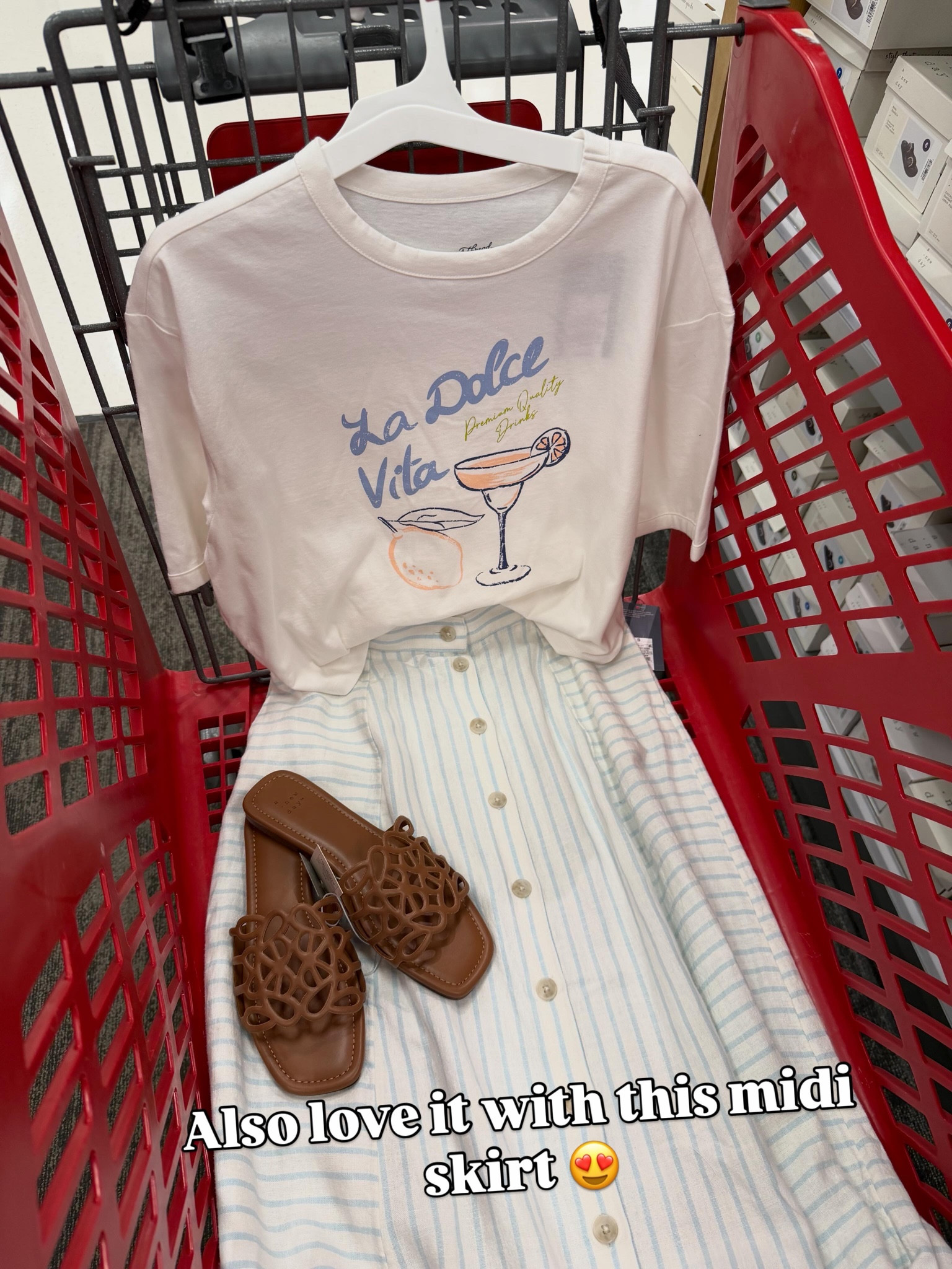 Target graphic tee and midi skirt summer outfit idea, casual mom style, travel vacation outfit. T-shirt is not available online just yet! #targetstyle