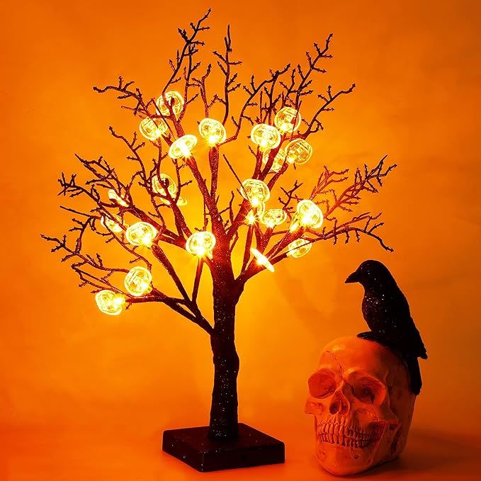 Joliyoou Halloween Tabletop Decorations, 18" Light Up Black Glitter Tree with Pumpkin & Spider We... | Amazon (US)