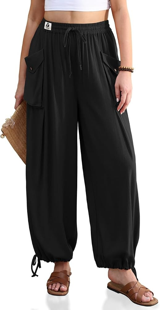 TARSE Womens Linen Wide Leg Pants Casual Loose Drawstring Palazzo Trousers Beach Boho Summer Trav... | Amazon (US)