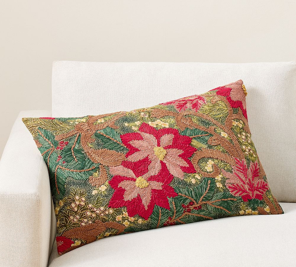 Floral Foliage Embroidered Lumbar Pillow Cover, 16" x 26" | Pottery Barn (US)