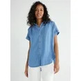 Time and Tru Women's Button Down Camp Shirt with Roll Cuff Sleeves, Sizes XS-XXXL | Walmart (US)
