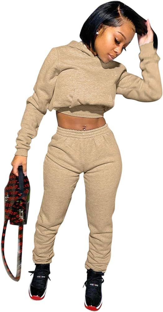 Akmipoem Jogging Suits for Women 2 Piece Sweatsuits Tracksuits Outfits Sexy Long Sleeve Crop Hoodie  | Amazon (US)