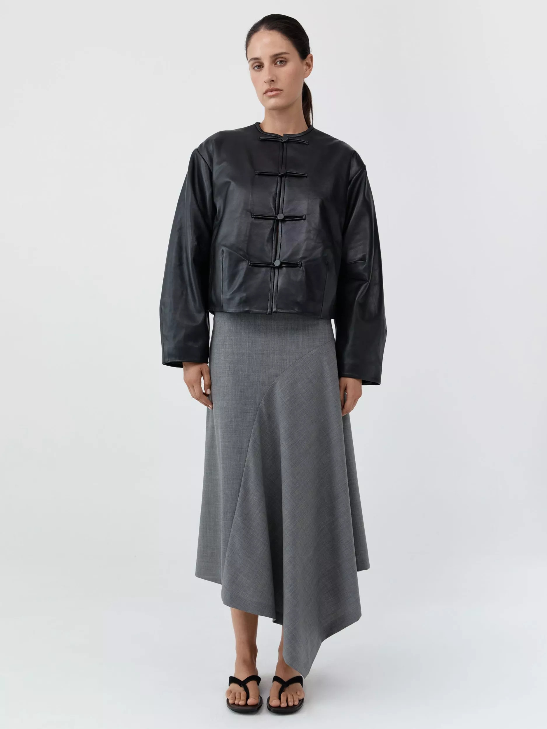 Button Loop Cocoon Leather Jacket, Black | John Lewis (UK)
