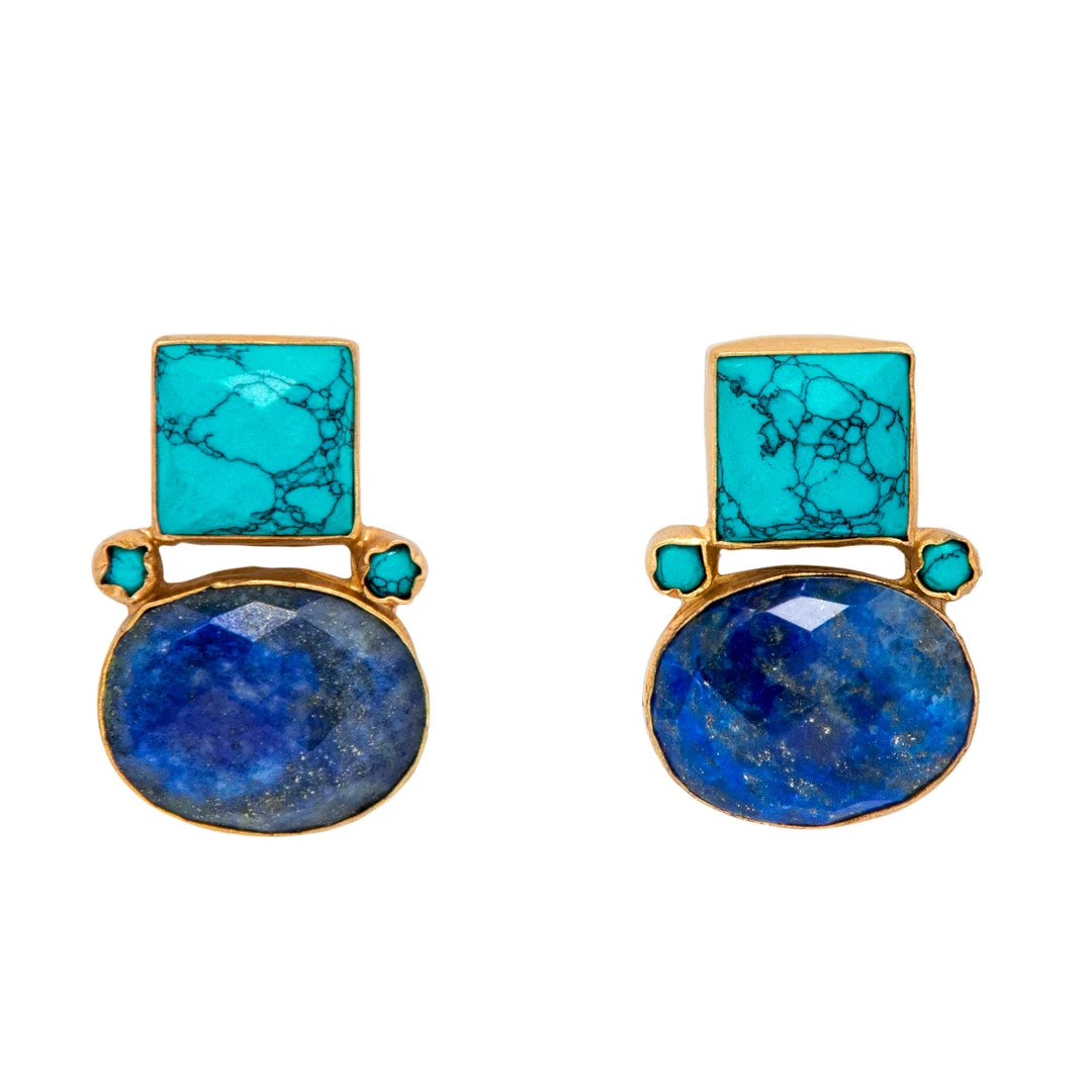 Beautiful Handmade Vintage Look Turquoise & Lapis Lazuli 18k Gold Plated Earrings - Etsy | Etsy (US)