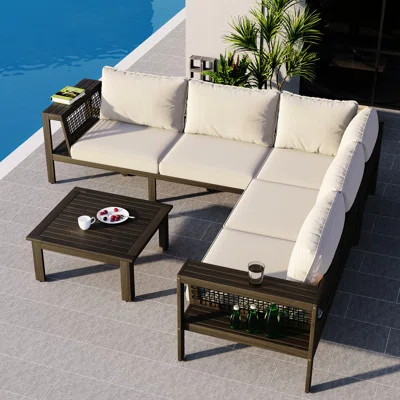 Outdoor Wood 4 - Piece , L Shaped Patio Furniture With Woven Mesh , Coffee Table, High Density Sponge, Comfortable For Extended Sitting Conversation S | Wayfair North America