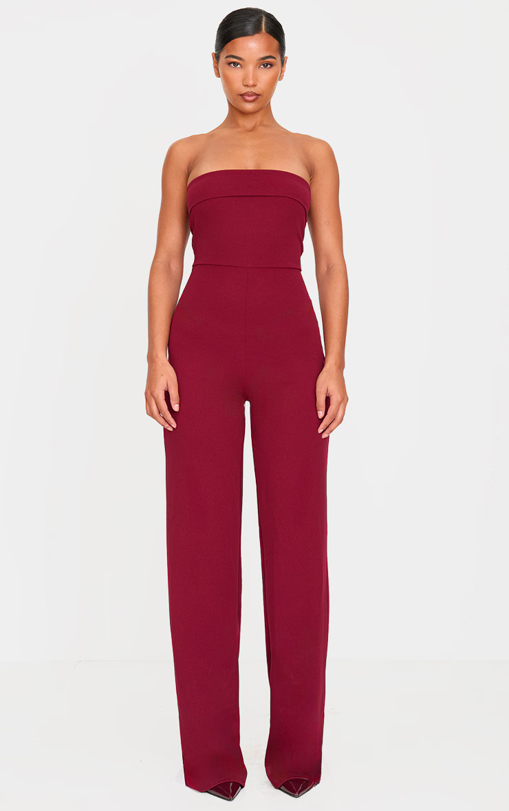 Burgundy Crepe Fold Over Detail Wide Leg Jumpsuit | Jumpsuits & Rompers | PrettyLittleThing US