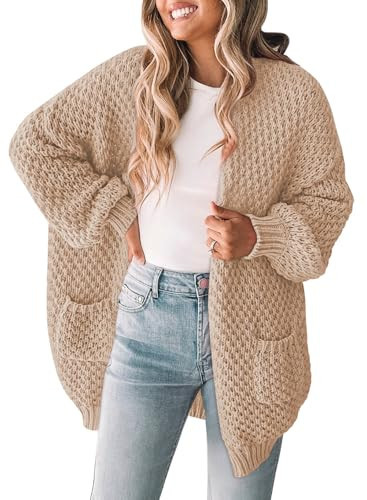 Pink Queen Women's 2026 Open Front Chunky Cardigans Lantern Long Sleeve Oversized Knit Outwear with Pocket Khaki M | Amazon (US)