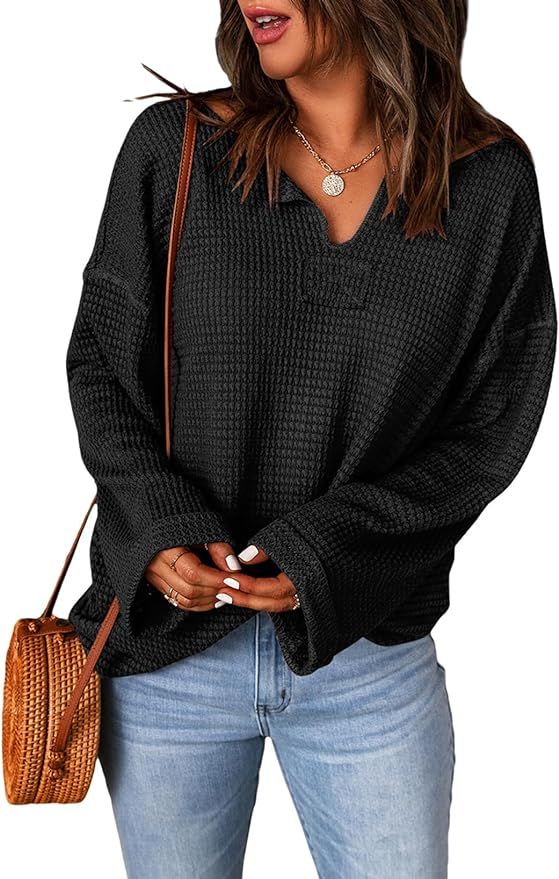 EVALESS Womens Long Sleeve Tops 2024 Casual V Neck Waffle Knit Tunic Shirts Lightweight Oversized... | Amazon (US)