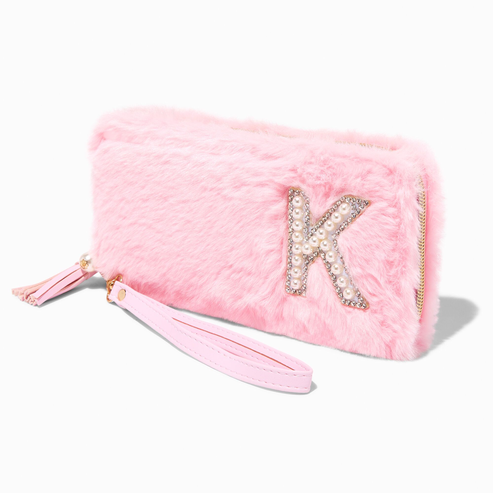Pink Furry Pearl Initial Wristlet Wallet - K | Claire's (US)