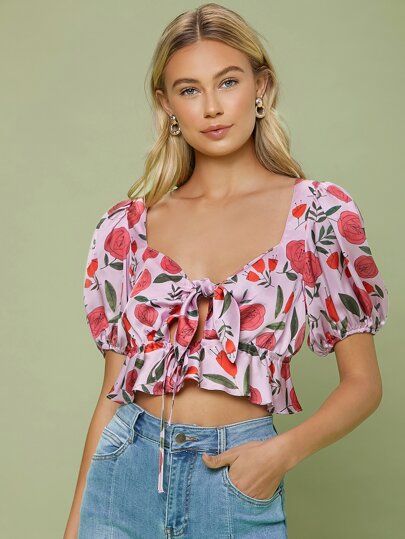 SHEIN X Penelope Ping Puff Sleeve Tie Front Ruffle Hem Floral Satin Top | SHEIN