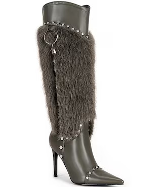 Azalea Wang Alisette Faux Fur Studded Pointed Toe Tall Dress Boots | Dillard's | Dillard's