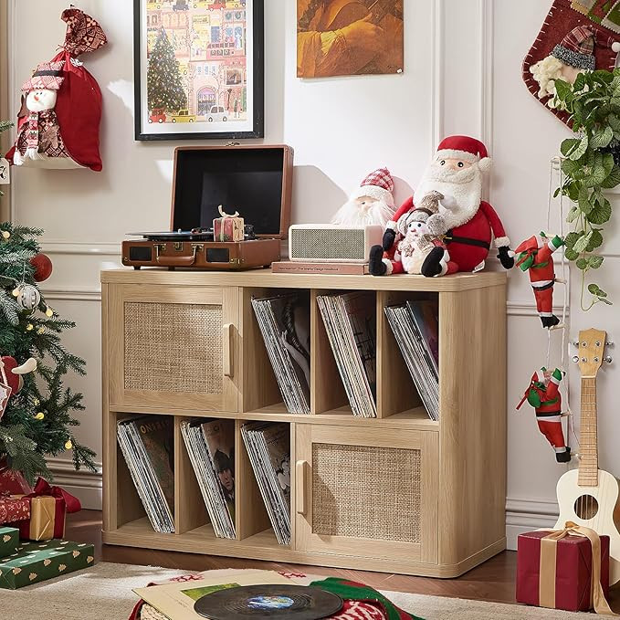 LEYAOYAO Large Record Player Stand with Vinyl Storage Up to 450 Albums, Wood Rattan Boho Record S... | Amazon (US)