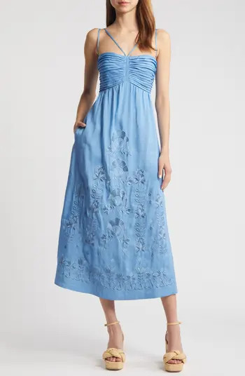 Ariella Floral Embroidered Linen Blend Midi Dress | Nordstrom