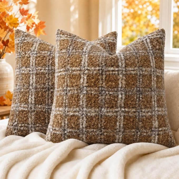 decorUhome Faux Fur Plaid Throw Pillow Covers 20X20 Set of 2 Light Brown | Boucle Check Fur Pillo... | Amazon (US)