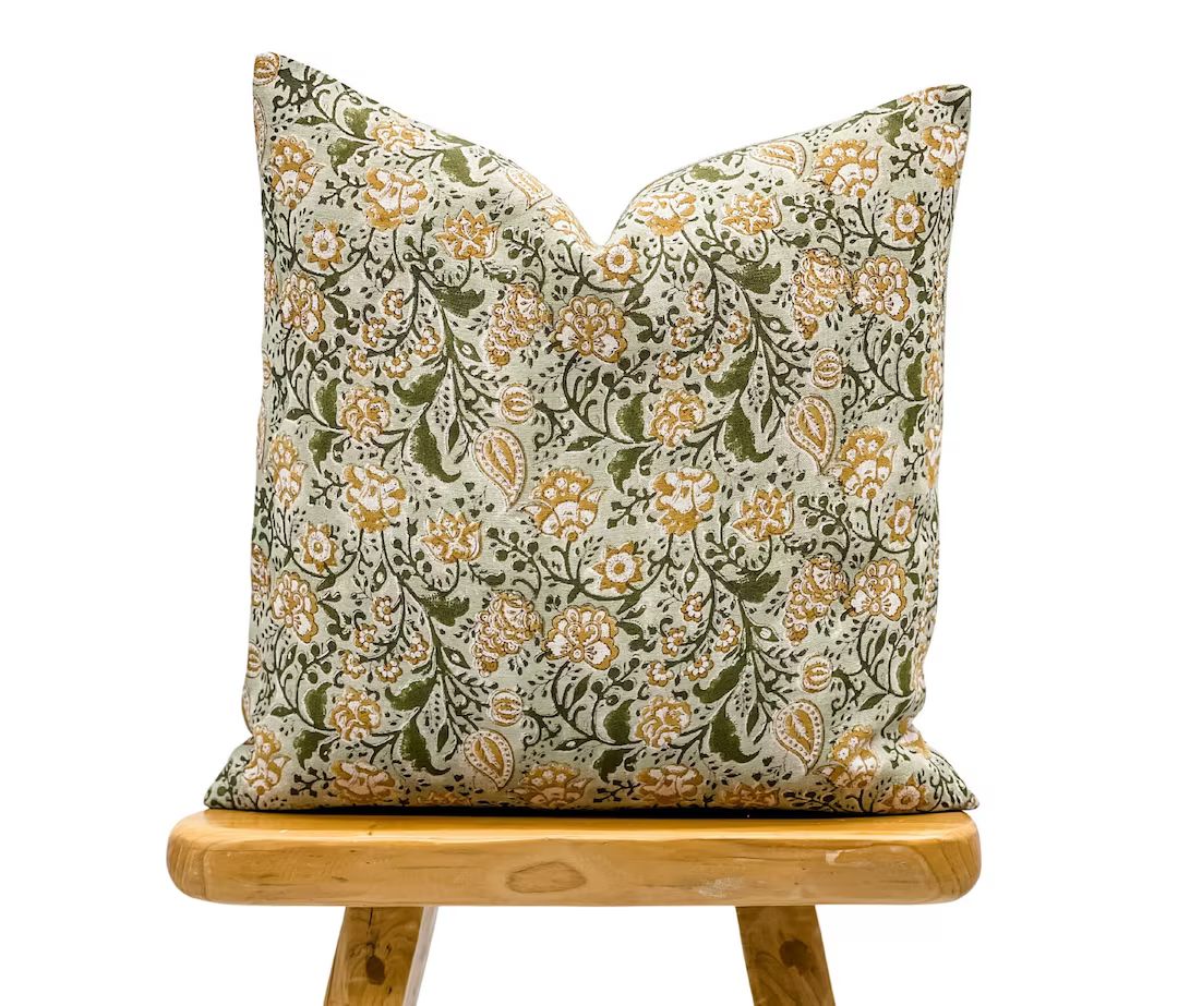 Designer Floral Print on Natural Linen Pillow Cover Olive - Etsy | Etsy (US)