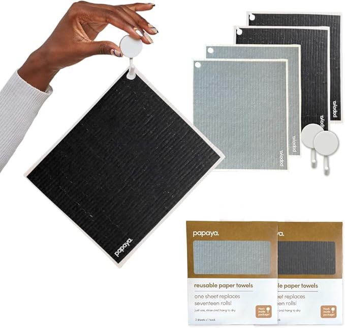 Papaya Reusable Paper Towels 4-Pack - 4 Sheets + 2 Hooks, Quick Drying, No Odor, 1 Sheet Replaces... | Amazon (US)