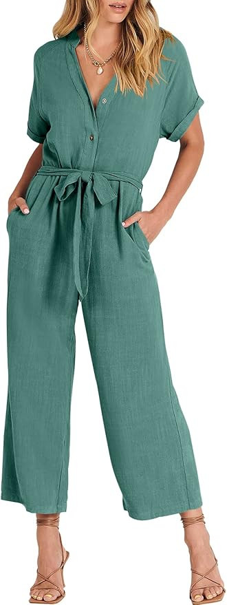 ANRABESS Women's Short Sleeve V Neck Buttons Waist Belt Straight Wide Leg Cropped Jumpsuits Rompe... | Amazon (US)