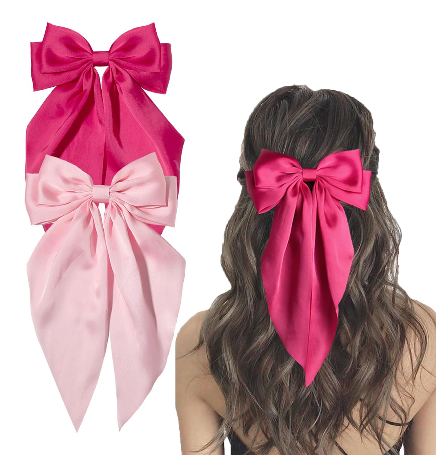 Furling Pompoms Hair Bows Clip, Hot Pink Bow for Women's Hair - 2 Pack, Elegant Satin Bow Hair Ac... | Amazon (US)
