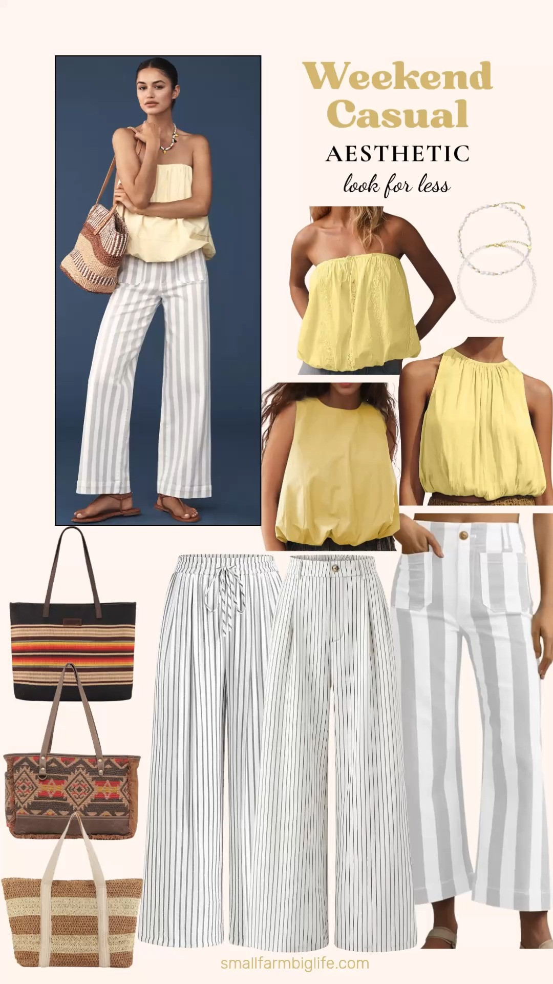 Grey and white stripes paired with pops of yellow is such a fresh and unexpected summer color combination and this whole look comes together for so much less than you would think. The cropped striped jeans and wide leg striped palazzo pants give you two different bottom options depending on the vibe you are going for, and the yellow bubble tank tops and lace embroidered tube top are the perfect bright and playful tops to balance the neutral stripes. The baroque pearl necklace adds an elegant and unexpected finishing touch that elevates the whole look. Choose between the western inspired Wrangler tote, the Myra bag shoulder bag, or the natural stripe straw beach tote depending on your plans for the day. Tap to shop! 

 #LTKgrwm #LTKootd #LTKOver40