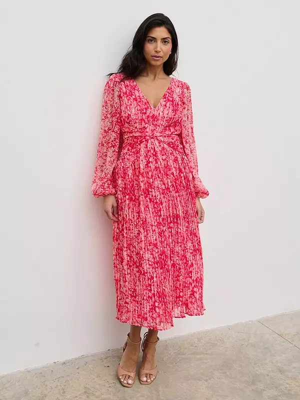 Pretty Lavish Jade Floral Pleated V Neck Midaxi Dress - Pink | Very (UK)