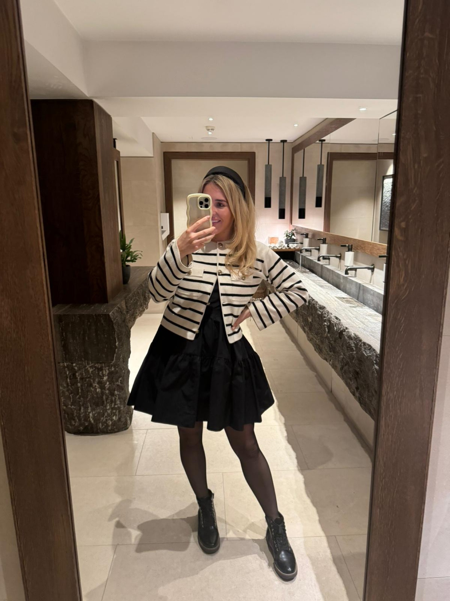 Anne louise boutique dress - black dress - all saints velvet headband - massimo dutti stripe jacket - stripe cardigan - black shoes - black boots - old matalan

#LTKeurope #LTKstyletip #LTKSeasonal