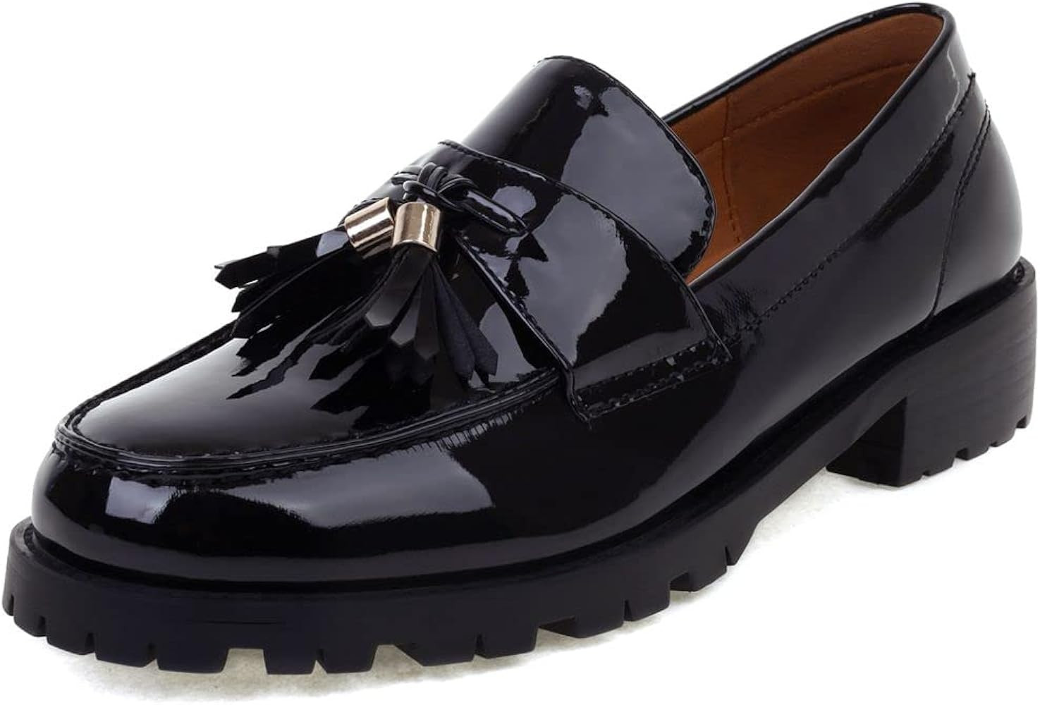 RUSAUISE Women's Patent Leather Tassel Chunky Loafer Casual Slip On Platform Loafer Shoes | Amazon (US)