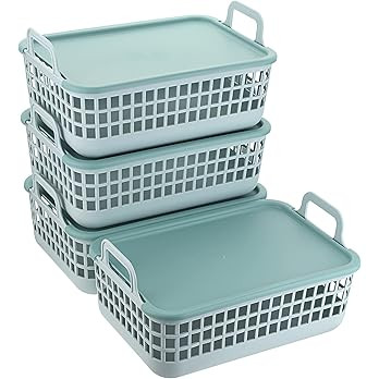 Amazon.com: BTSKY 4 Pack Plastic Storage Basket with Lid, 12.8"x8.8"x4.6" Stackable Desktop Storage  | Amazon (US)