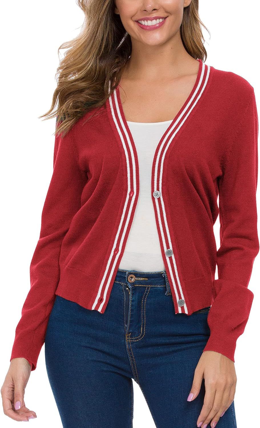 Women's Open Front Striped Button Down Cardigan (XL, Red) at Amazon Women’s Clothing store | Amazon (US)