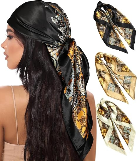 AWAYTR 35” Large Square Satin Head Scarf - 3Pcs Satin Hair Scarves Silk Bandana Scarf Headscarf... | Amazon (US)