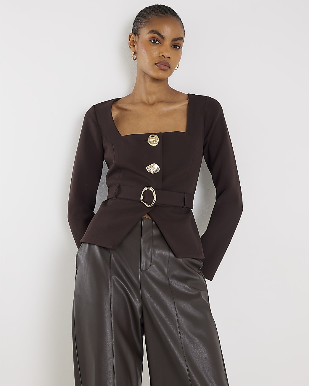 Brown Long Sleeve Belted Mixed Button Blazer | River Island UK & IE