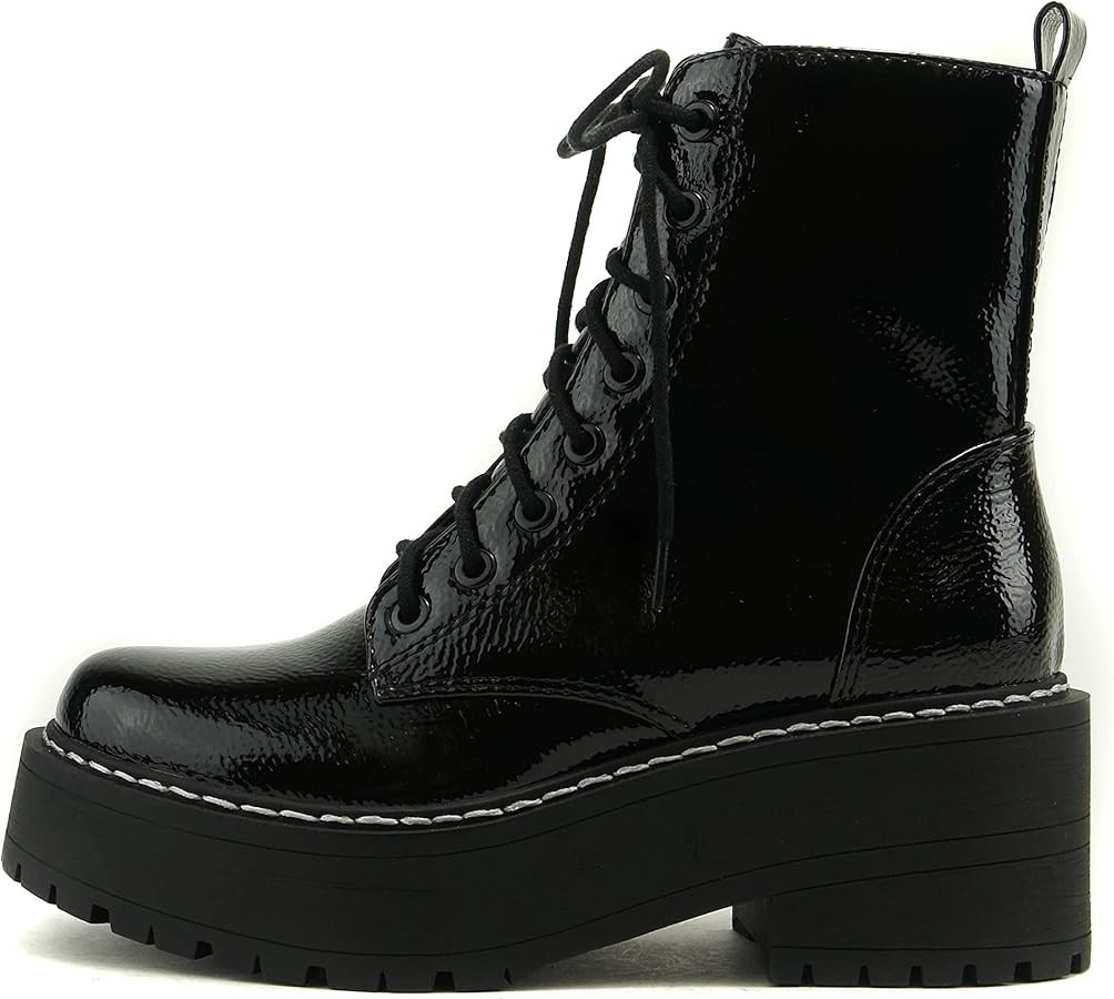 Soda FLING Women Chunky Lug Sole Lace up Fashion Combat Ankle Boot w/Side Zipper | Amazon (US)