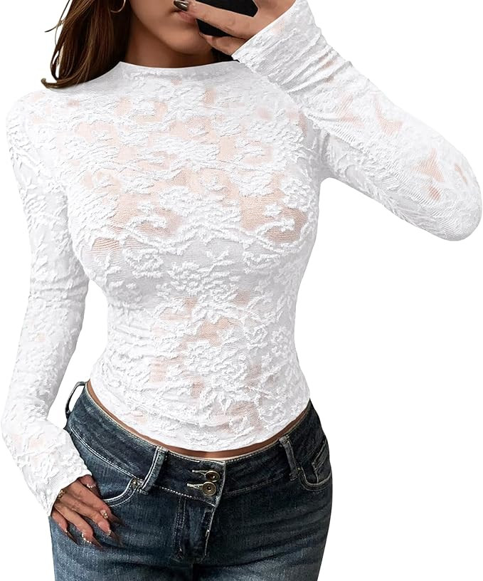 BTFBM Mesh Long Sleeve Tops for Women Lace Sexy Sheer Tight See Through Crew Neck Spring Fall 202... | Amazon (US)