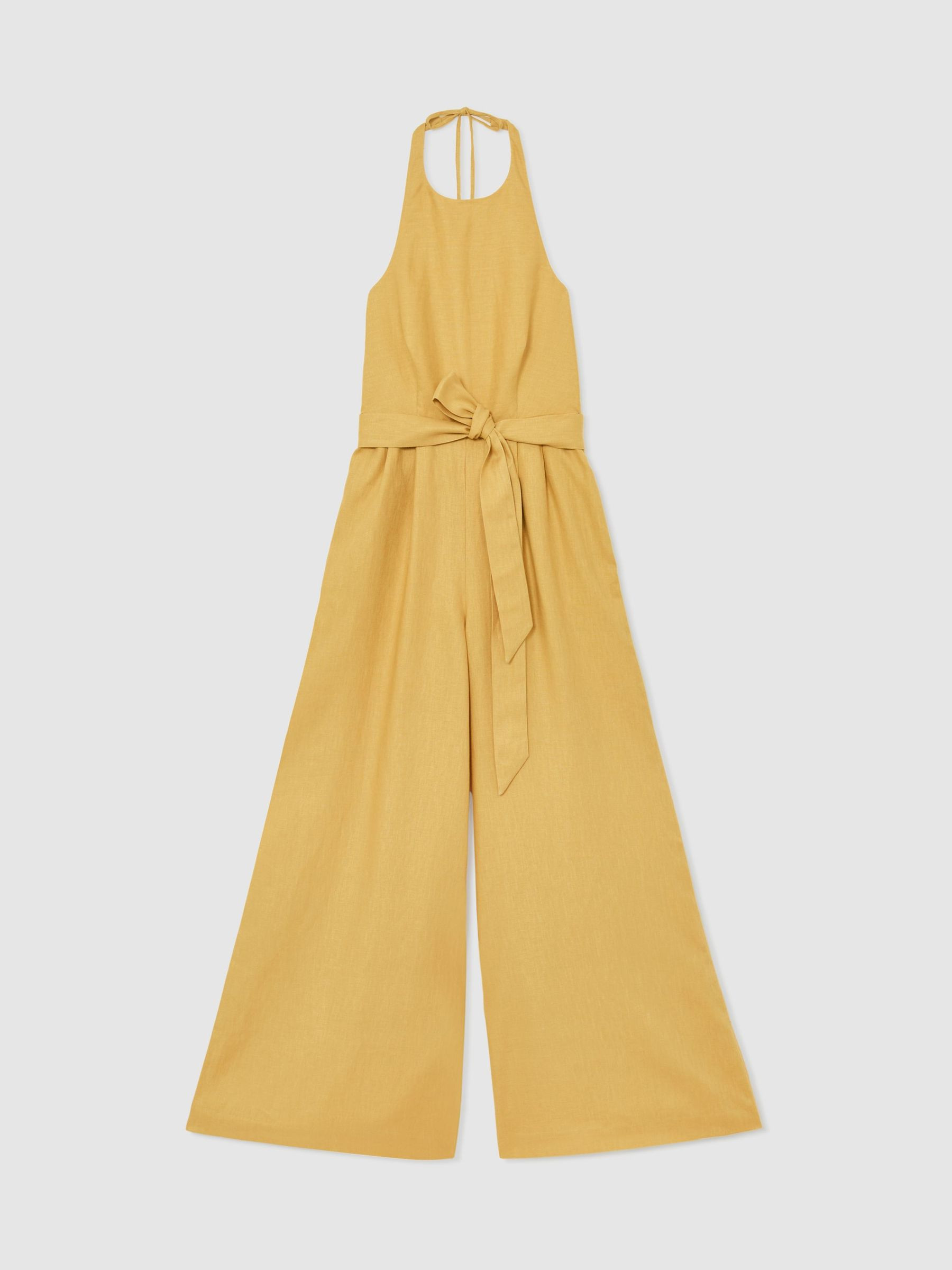 Reiss Linen Open-Back Wide-Leg Jumpsuit in Yellow - REISS | Reiss UK