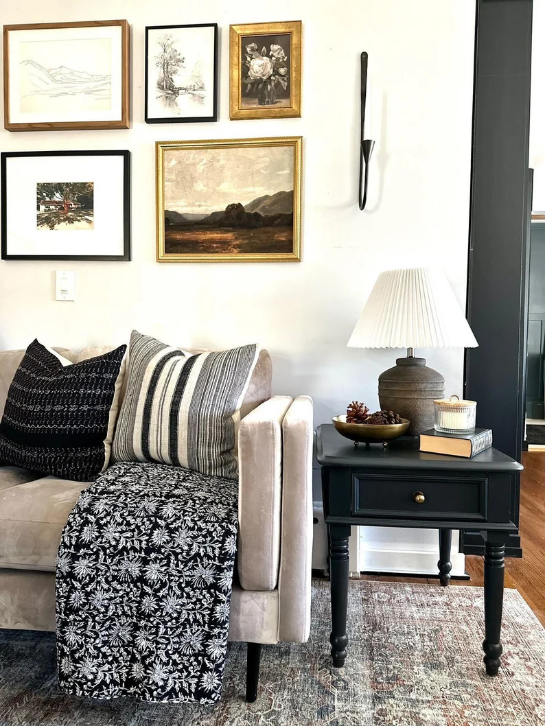 Elisa Kantha Quilt Handblock Print Black& white floral Kantha Indian Netural Colour Indian inspir... | Etsy (US)