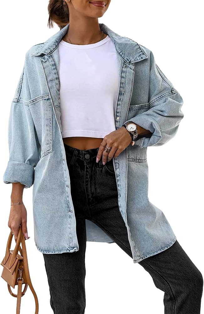 Saodimallsu Women's Oversized Denim Button Down Long Shirt Jackets | Amazon (US)